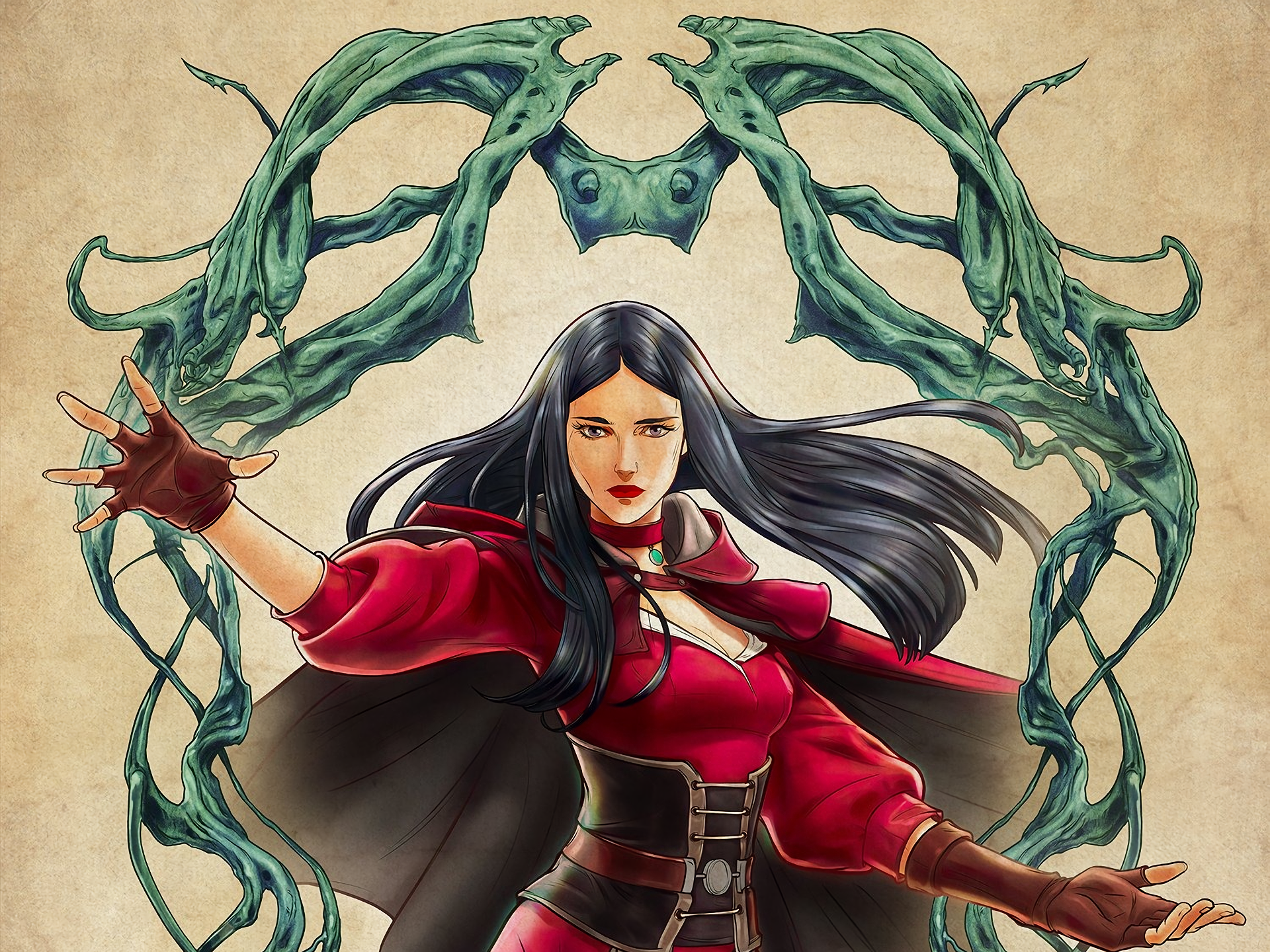 HD PC desktop wallpaper featuring a character from the movie The Witcher: Nightmare of the Wolf with dark hair and a red outfit, surrounded by twisted green vines.