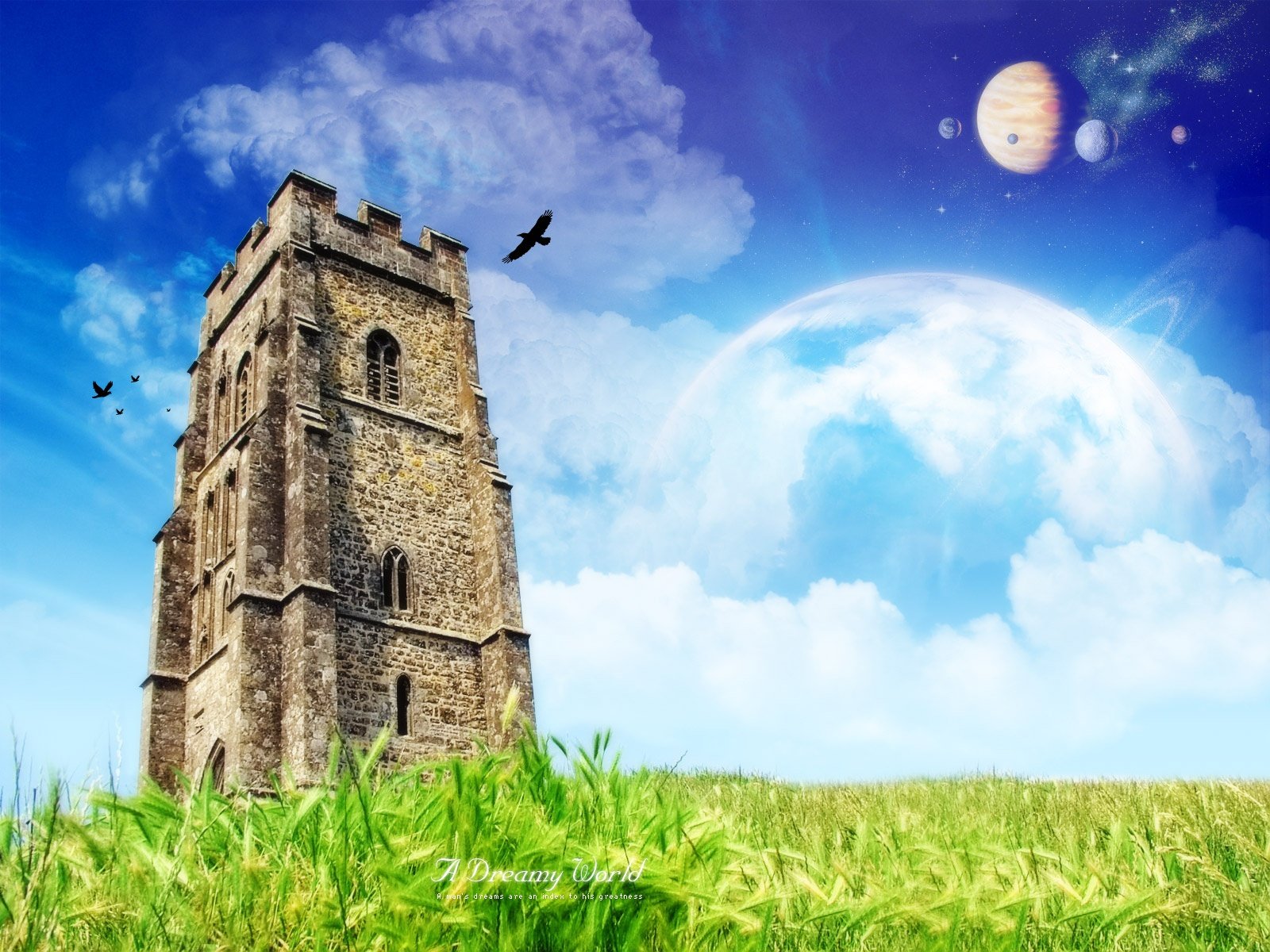 A fantasy landscape featuring a stone tower surrounded by lush greenery, under a vibrant sky with planets and birds, creating an enchanting atmosphere for a high-definition wallpaper.