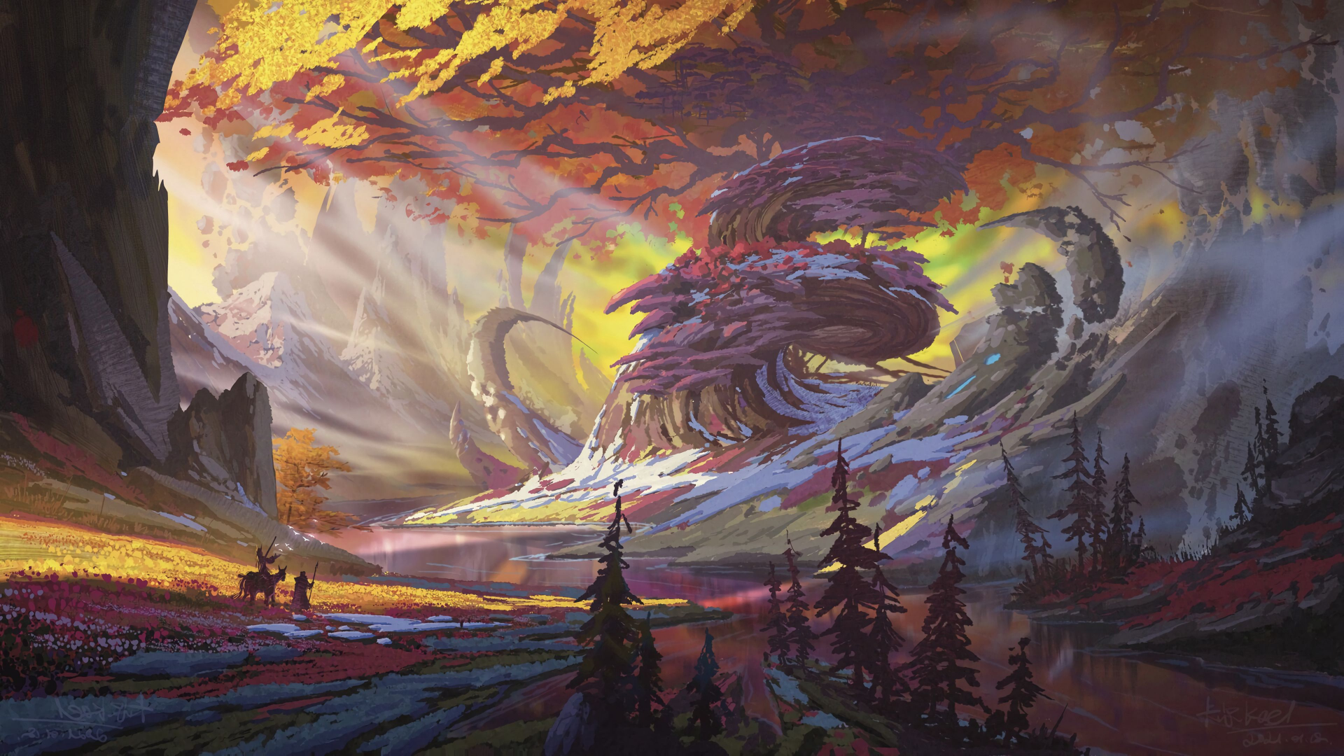 A vibrant fantasy landscape depicting a colossal mythical creature under golden autumn trees, rendered in stunning 4K Ultra HD detail for a PC desktop wallpaper.