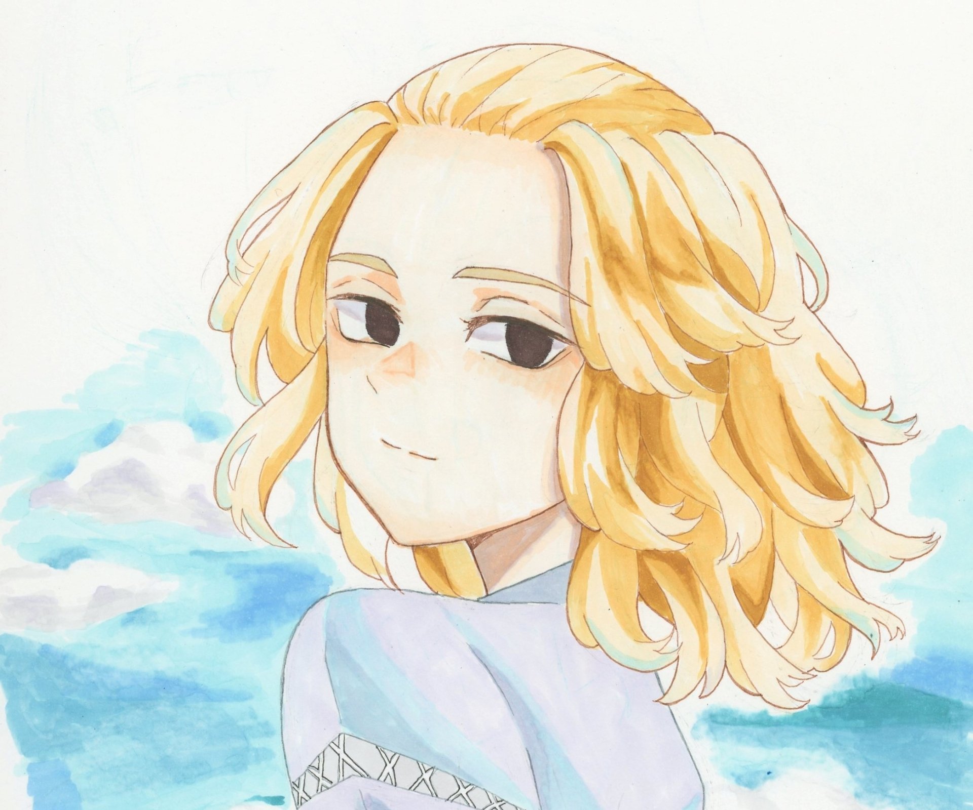 HD PC desktop wallpaper featuring Mikey Manjiro Sano from the anime Tokyo Revengers with a serene sky background.