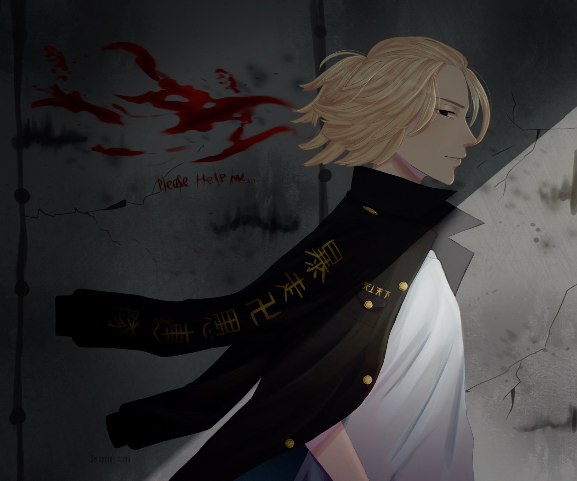 HD anime desktop wallpaper featuring Mikey Manjiro Sano from Tokyo Revengers, depicted in profile with a dark, moody background and his distinctive black jacket.