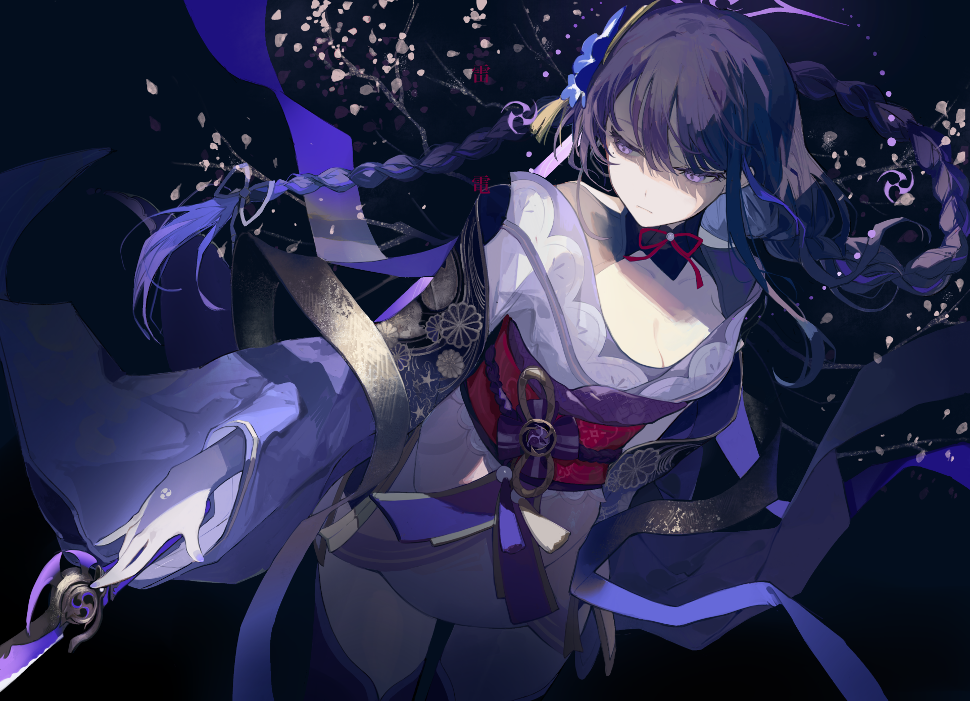 HD PC desktop wallpaper featuring Baal Raiden Shogun from the video game Genshin Impact, showcasing her in dark, flowing attire with intricate details and a dynamic pose.