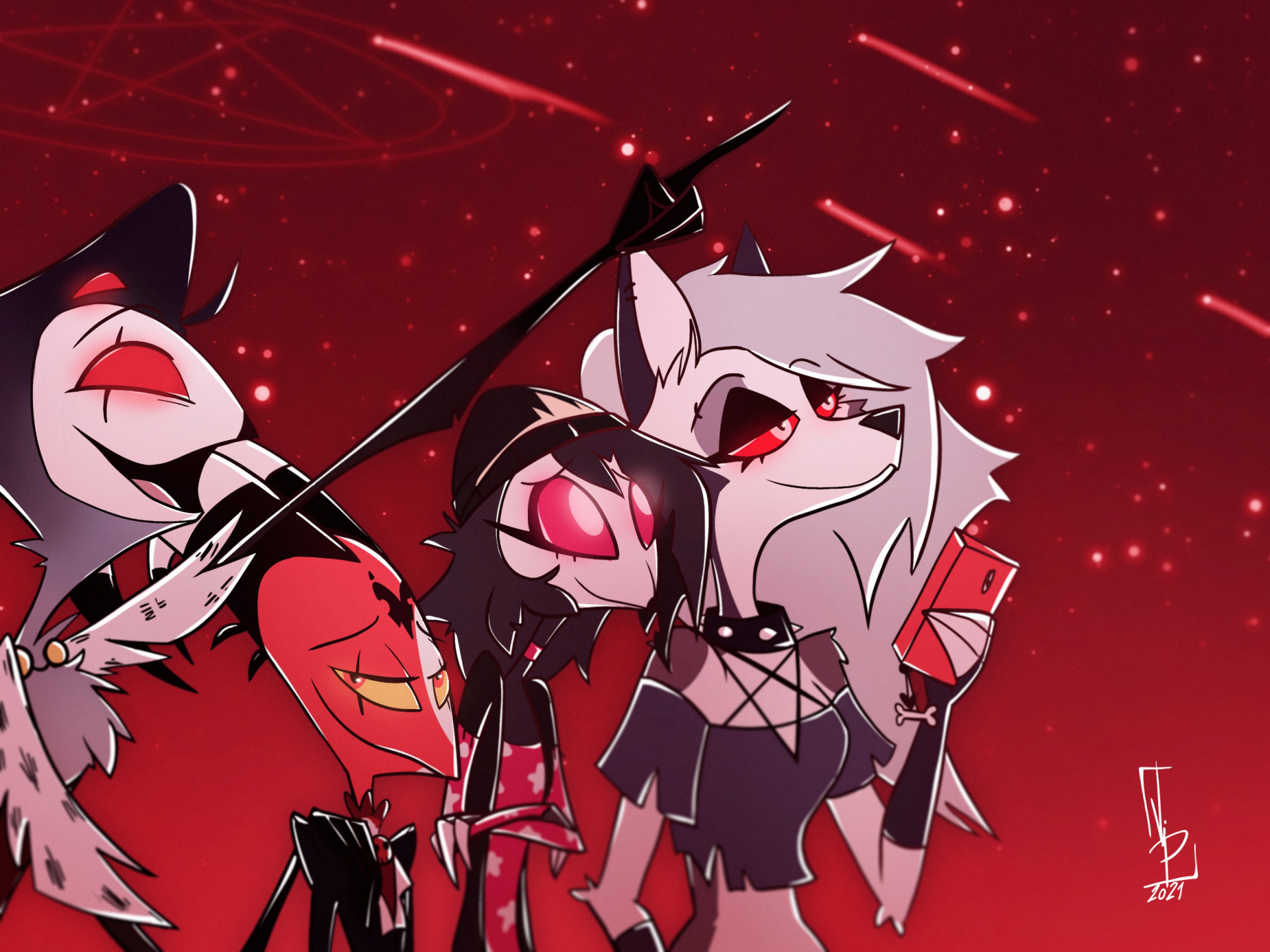 HD PC desktop wallpaper featuring Stolas, Octavia, Loona, and Blitzo from the TV show Helluva Boss against a vibrant red background.
