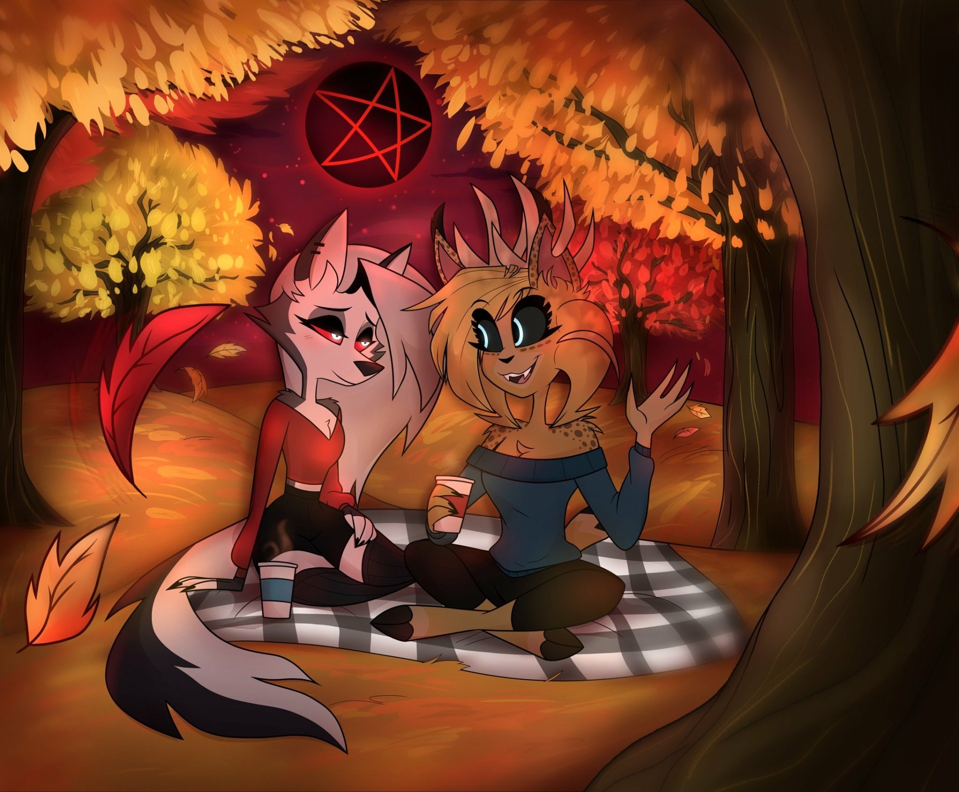 HD PC desktop wallpaper featuring Loona from the TV show Helluva Boss, depicted sitting on a checkered blanket in a vibrant autumn forest with a glowing pentagram overhead.