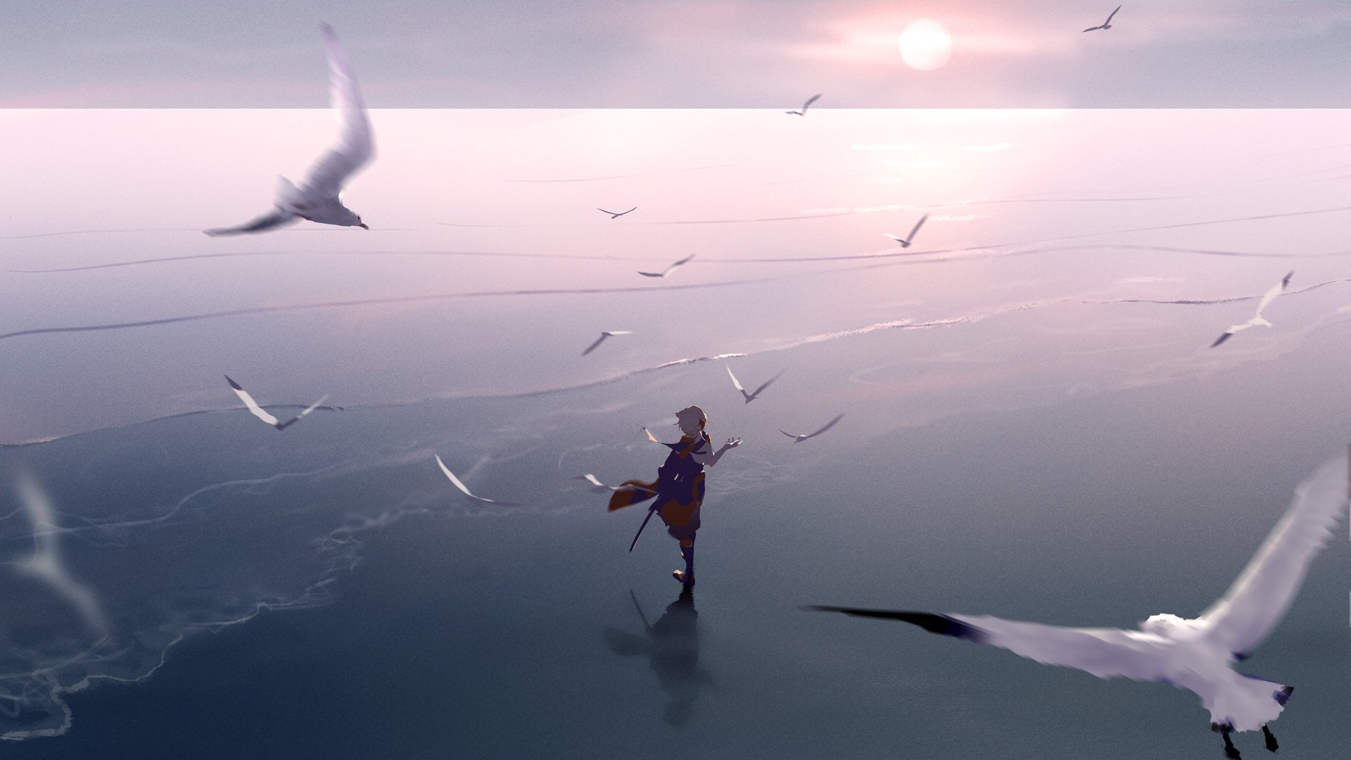 HD desktop wallpaper featuring Kaedehara Kazuha from Genshin Impact, standing amidst a serene ocean with seagulls flying around, under a soft, pastel-colored sky.