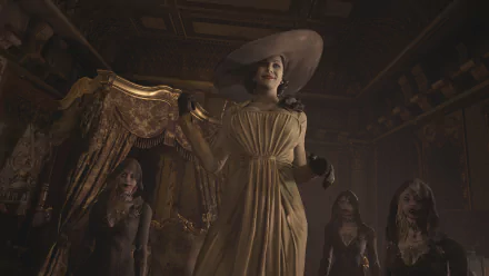 Alcina Dimitrescu from Resident Evil Village standing in a dim ornate hall in a wide-brimmed hat and flowing gown, flanked by her daughters — 4K Ultra HD PC desktop wallpaper/background.