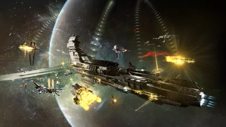 HD EVE Online desktop wallpaper featuring epic space battle with ships and vibrant cosmic backdrop.