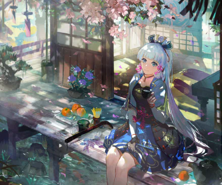 Kamisato Ayaka (Genshin Impact) in a sunlit teahouse, sitting on a wooden bench with flowers and oranges — HD PC desktop wallpaper/background art from the Genshin Impact video game.