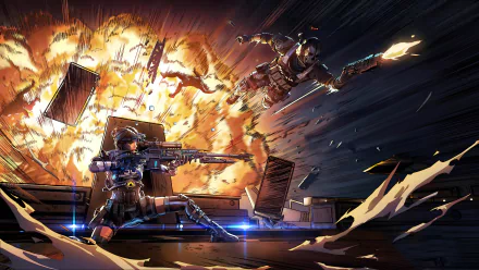 Call of Duty: Mobile video game 4K Ultra HD PC desktop wallpaper background — two operatives leaping amid a massive fiery explosion, bullets and debris scattering.