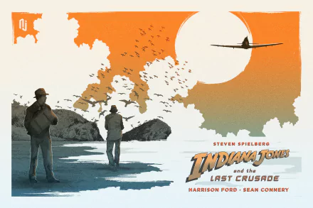 Stylized 2K Quad HD desktop wallpaper of Indiana Jones and his father Henry Jones Sr. on a shoreline beneath a huge sun with a plane overhead, featuring the title Indiana Jones and the Last Crusade.