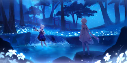 4K Ultra HD Genshin Impact wallpaper featuring Kamisato Ayaka and Lumine in a glowing blue forest by a reflective pond, designed for PC desktops.