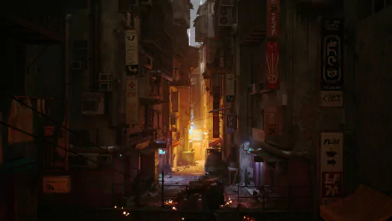 HD PC desktop wallpaper featuring a dimly lit alleyway from the video game Stray, showcasing detailed urban environment and glowing lights.