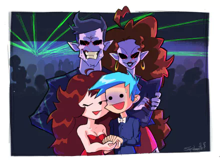 HD PC desktop wallpaper featuring characters from the video game Friday Night Funkin' with vibrant colors and dynamic poses in a nightclub setting.