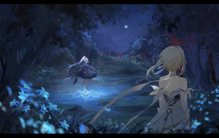 HD desktop wallpaper featuring Lumine and Kamisato Ayaka from Genshin Impact. The scene shows Lumine watching Ayaka near a glowing pond under a night sky, surrounded by ethereal blue flowers.