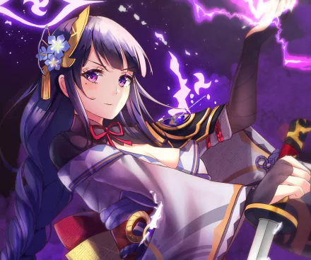 HD PC desktop wallpaper featuring Baal Raiden Shogun from the video game Genshin Impact, showcasing her in a dynamic pose with purple lightning effects.