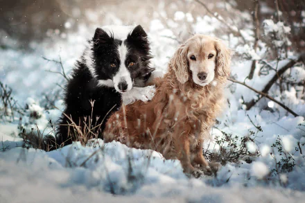HD PC desktop wallpaper: a spaniel and a border collie sit close in fresh snow, frosted branches and soft light framing the animal dog portrait.