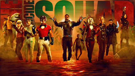 4K Ultra HD PC desktop wallpaper featuring The Suicide Squad movie characters standing boldly against a fiery, apocalyptic background.