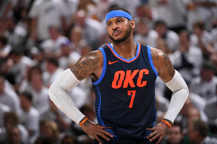 Basketball player in OKC jersey number 7 standing confidently on the court as a high-definition desktop wallpaper background.