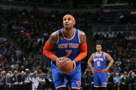 Basketball player in New York Knicks uniform preparing to shoot a free throw, HD desktop wallpaper and background.