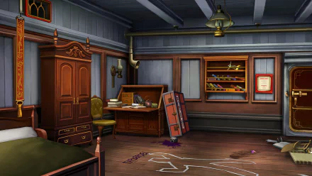 A detailed HD wallpaper from The Great Ace Attorney Chronicles, featuring a mysterious room with a bed, desk, and a chalk outline indicating a crime scene.