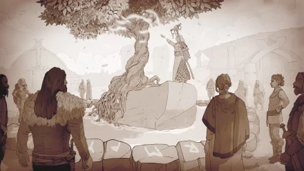 HD wallpaper featuring a sepia-toned scene from Tribes of Midgard, displaying characters witnessing a ritual around a mystical tree.