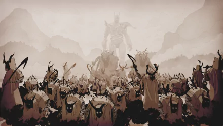 HD desktop wallpaper featuring an epic scene from the game Tribes of Midgard with a large creature and warriors ready for battle, set against a backdrop of misty mountains.