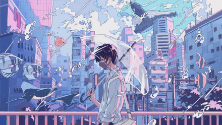 HD anime wallpaper featuring a boy holding an umbrella, set against a vibrant urban background with floating musical notes.