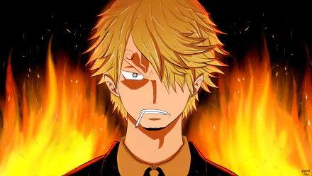 Sanji (One Piece) anime 2K Quad HD PC wallpaper — close-up of Sanji with blond hair, signature curled eyebrow and cigarette, intense flames roaring in the background.