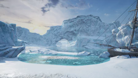 HD desktop wallpaper featuring Dread Hunger game scene with a ship trapped in icy arctic waters surrounded by glaciers.