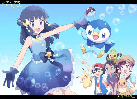 HD anime-style Pokémon wallpaper featuring Chloe with a Pokéball, Piplup, Pikachu, Ash, Goh, Dawn, and Eevee against a bright blue sky with bubbles.