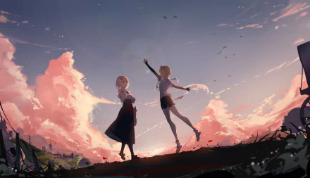 HD desktop wallpaper of Noelle and Lumine from Genshin Impact, depicted joyfully dancing under a vibrant sunset sky.