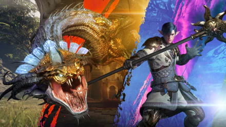 HD desktop wallpaper from Bless Unleashed depicting a warrior in combat with a fiery dragon in a vibrant fantasy setting.