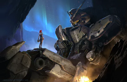 HD desktop wallpaper depicting an intense scene with a giant Gundam robot in a cave-like environment, illuminated by the Northern Lights in the sky. An anime character stands atop the robot, adding to the dramatic atmosphere.