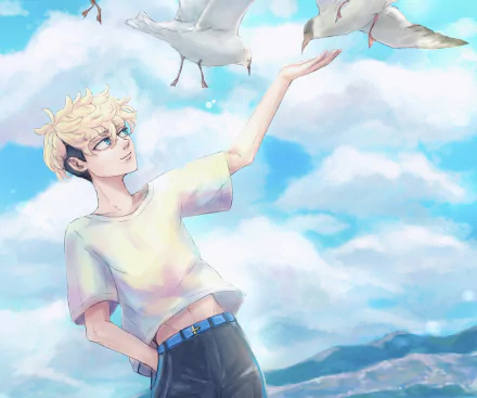 HD anime desktop wallpaper featuring Chifuyu Matsuno from Tokyo Revengers reaching up toward a seagull against a bright, cloudy blue sky.