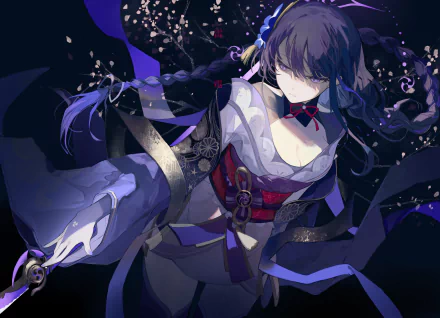 HD PC desktop wallpaper featuring Baal Raiden Shogun from the video game Genshin Impact, showcasing her in dark, flowing attire with intricate details and a dynamic pose.