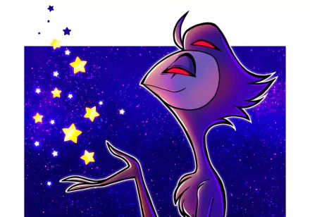 4K Ultra HD PC wallpaper featuring Stolas from the TV show Helluva Boss, set against a starry night sky with glowing yellow stars.