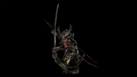 HD fantasy samurai wielding a katana, set against a black background, designed as a striking PC desktop wallpaper.