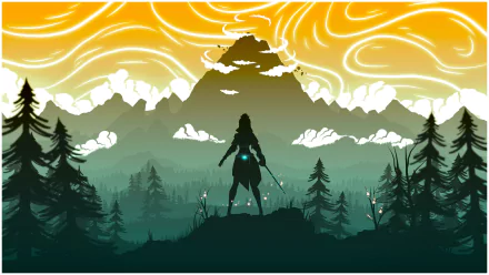HD desktop wallpaper of Jean from Genshin Impact standing against a vibrant sunrise over Dragonspine mountain, surrounded by dense forest.