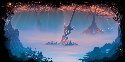 A spear embedded in a misty fantasy landscape with glowing trees and jagged rocks, depicted in a vibrant 4K Ultra HD PC desktop wallpaper.