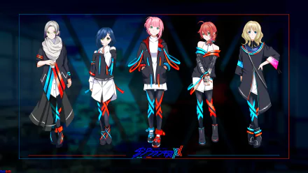 HD desktop wallpaper featuring anime characters Miku, Kokoro, Ichigo, Ikuno, and Zero Two from Darling in the FranXX, posed against a dark, stylized background.
