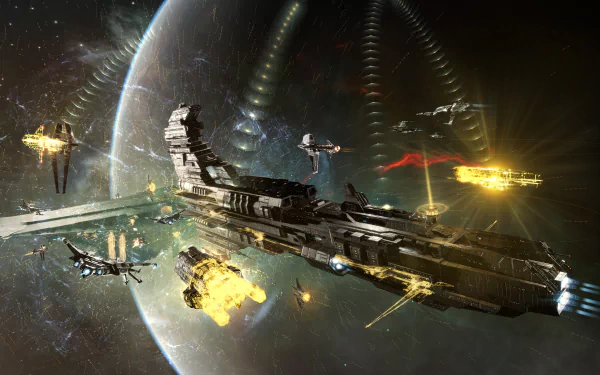 HD EVE Online desktop wallpaper featuring epic space battle with ships and vibrant cosmic backdrop.