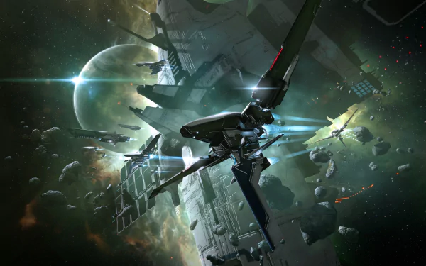 HD desktop wallpaper featuring a dynamic space battle scene from EVE Online video game with ships and distant planets.