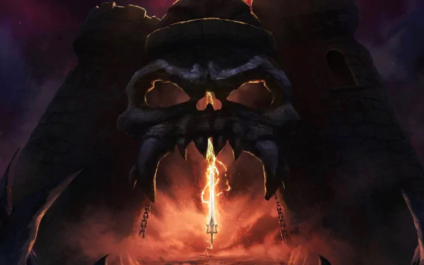 HD PC desktop wallpaper/background from the TV show Masters of the Universe: Revelation — a towering skull fortress with a blazing sword thrust into its fiery maw, flanked by shadowed towers and chains.