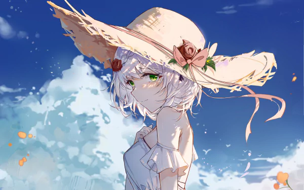 HD desktop wallpaper featuring Noelle from the video game Genshin Impact, in a serene outdoor setting with a blue sky backdrop, wearing a sun hat adorned with flowers.