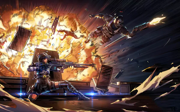 Call of Duty: Mobile video game 4K Ultra HD PC desktop wallpaper background — two operatives leaping amid a massive fiery explosion, bullets and debris scattering.
