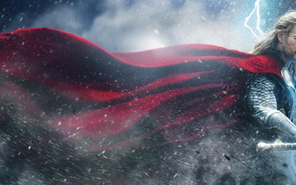 4K Ultra HD wallpaper of superhero Thor, played by Chris Hemsworth, wielding Mjölnir with a stormy background from Thor: The Dark World movie.