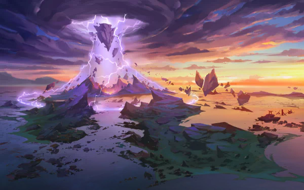 HD desktop wallpaper of Inazuma from Genshin Impact, featuring a dramatic volcanic landscape at sunset.