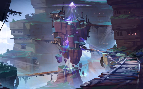 HD PC desktop wallpaper of Inazuma from the video game Genshin Impact, featuring a mystical floating island with bridges and glowing purple energy.