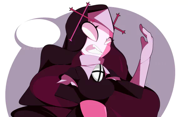4K Ultra HD PC desktop wallpaper of a Friday Night Funkin' video game character — a nun-like figure with pink skin, crosses in her hair, folded arms and a sly grin against a pale purple circle.
