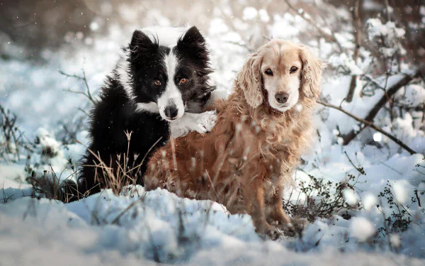 HD PC desktop wallpaper: a spaniel and a border collie sit close in fresh snow, frosted branches and soft light framing the animal dog portrait.